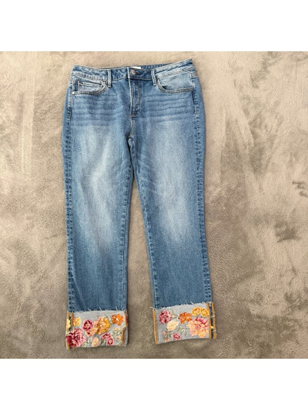 Driftwood Colette Embroidered Hem Straight Leg Cuffed Jeans Womens 8